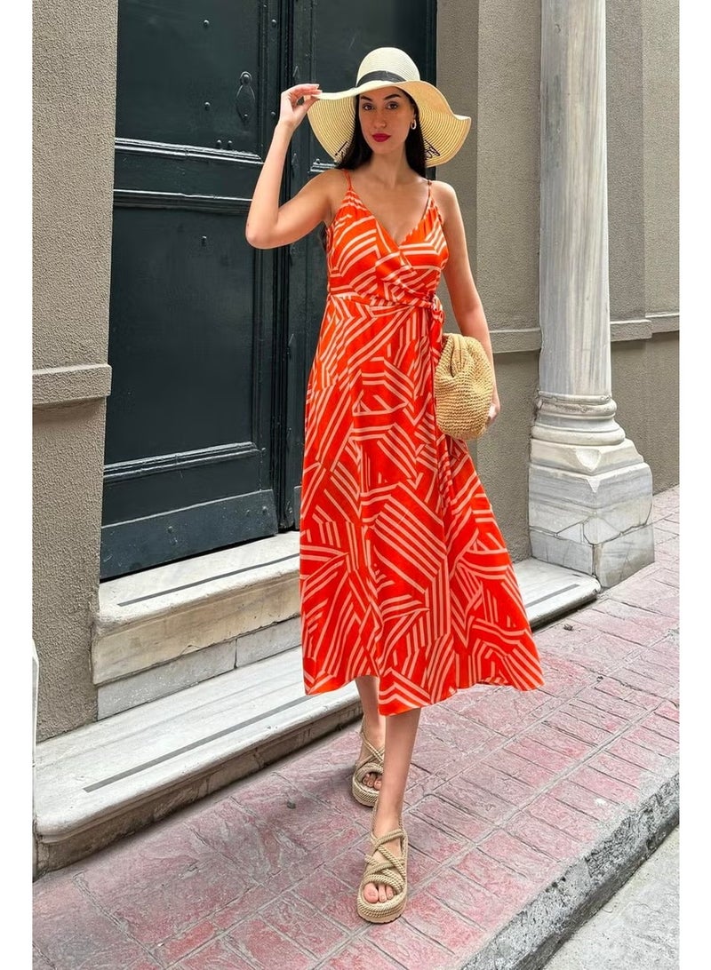 For You Moda Strappy Double Breasted Patterned Long Orange Dress - Image 1